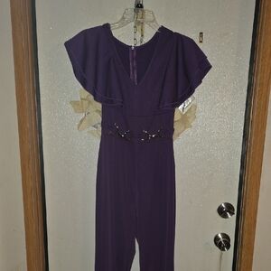 Elegant Purple Jumpsuit with Flutter Sleeves and Belted Waist